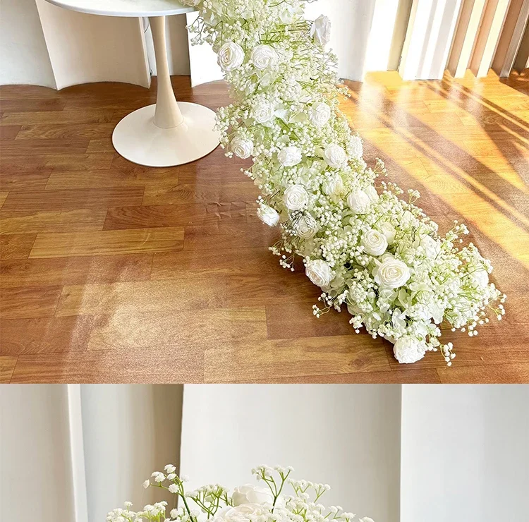 Weiße Rose Babybreath Künstliche Blumenreihe Kaskadierende Seidenblumengirlande Hochzeitstischläufer Bogenrand Zeremonie Empfang Deko – Detail 8