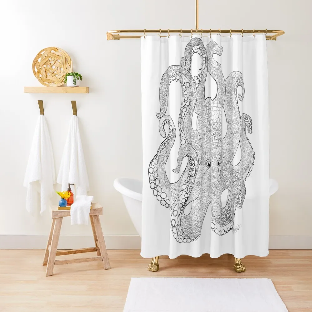 

Octopus Of The Sea Line Drawing by OLena Art Shower Curtain Waterproof Shower And Anti-Mold Anti-Mold Waterproof Shower Curtain