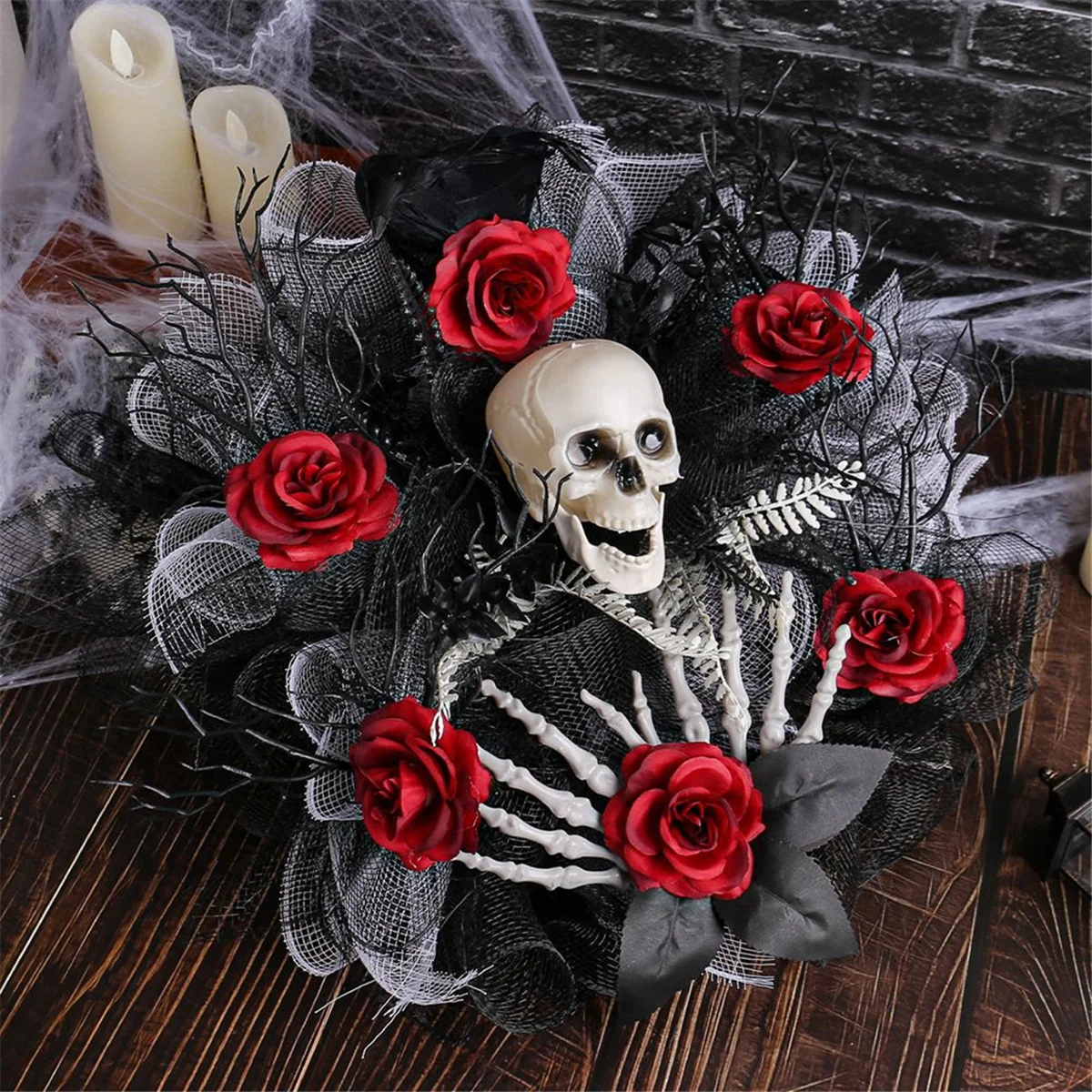 Halloween Rose and Skull Tulle Wreath Adjustable Headband Halloween Wreaths for Front Door for Party Costume