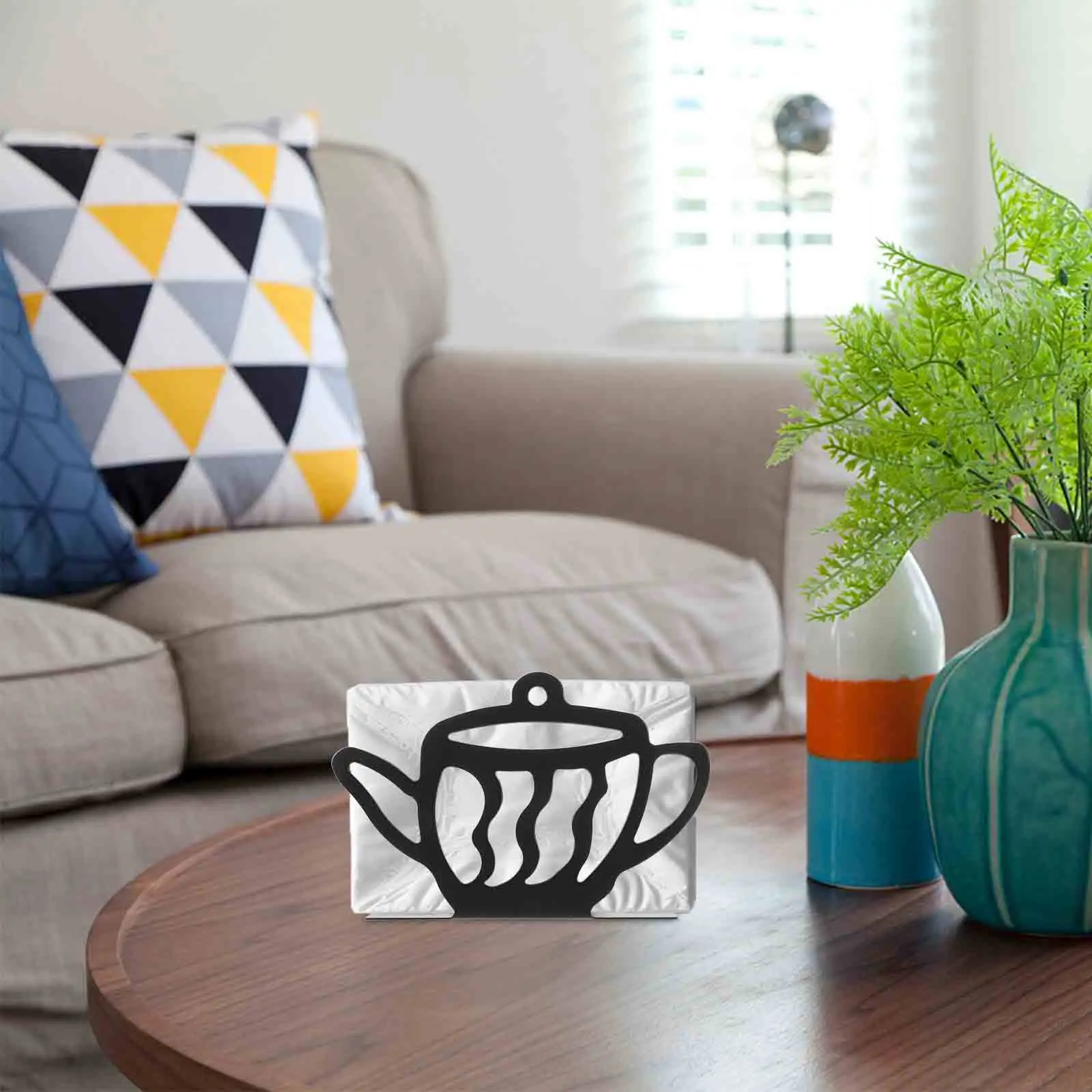 Black Iron Teapot Napkin Holder Decorative Paper Tissue Dispenser Kitchen Dining Table Organizer Upright Metal Napkin Holder