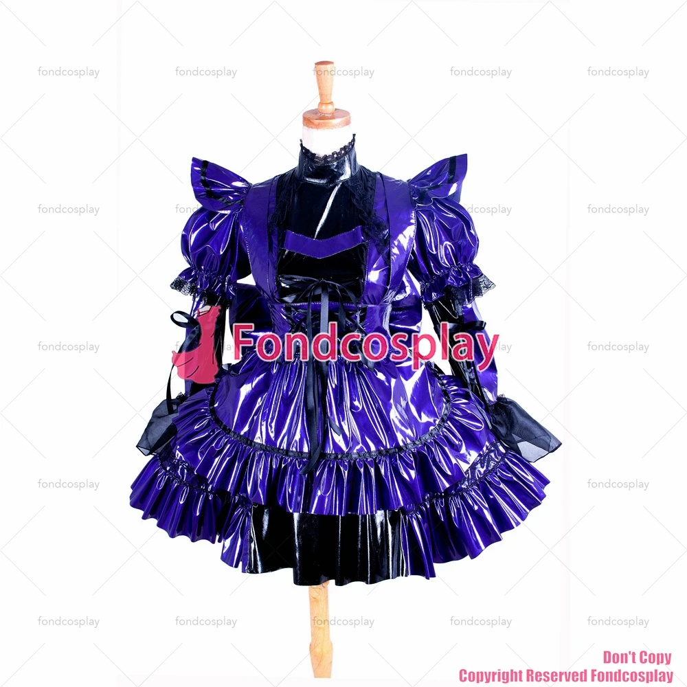 fondcosplay adult sexy cross dressing sissy maid short Black Purple Pvc Dress Lockable Uniform apron Costume CD/TV[G1405]