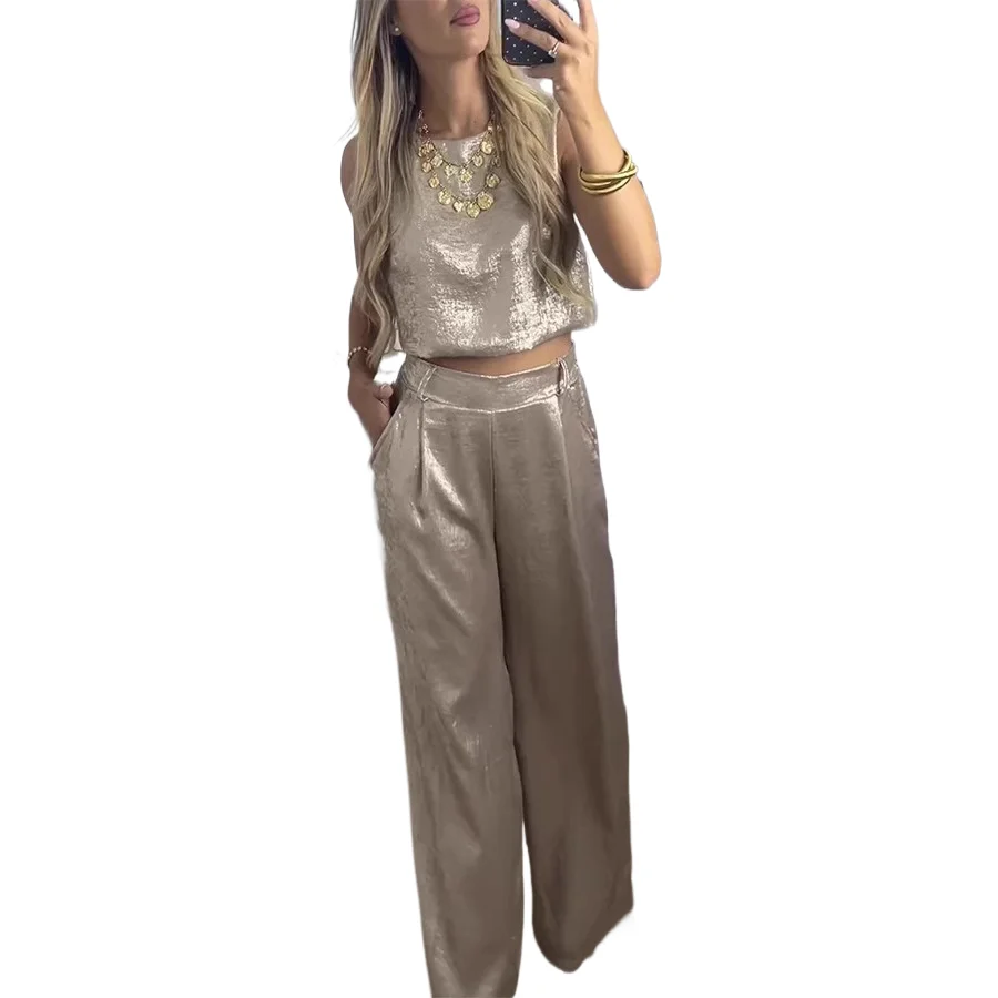 

Fashion Gold Bronzing Pants Sets Women Sleeveless Short O Neck Vest Top High Waist Trousers Two Piece Set Female Spring Summer