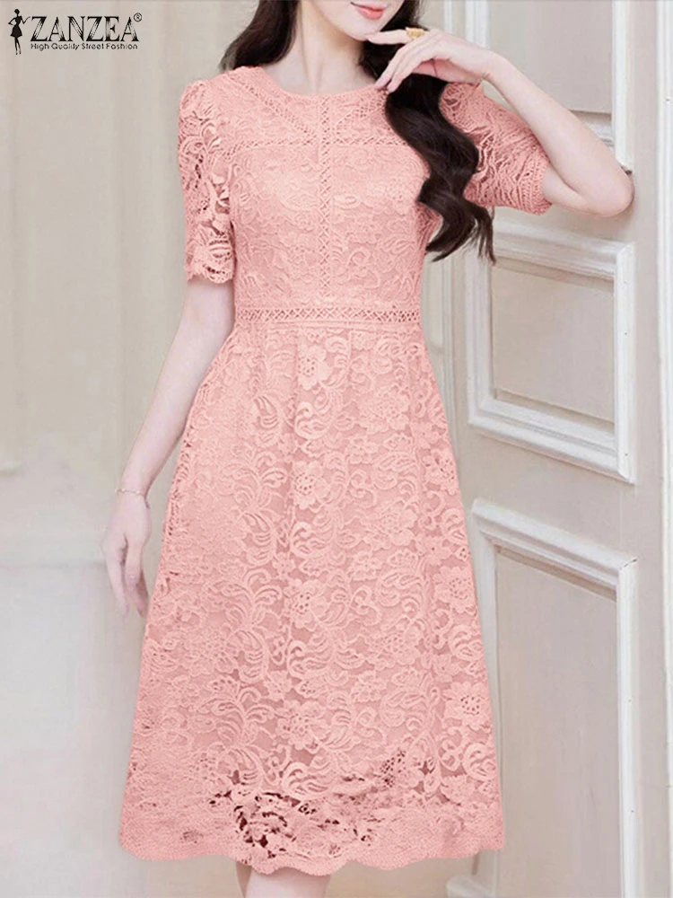 ZANZEA Sommer-Partykleid für Frauen, 2025, modisch, kurzärmelig, Spitze, langes Sommerkleid, O-Ausschnitt, lässig, elegant, Bürodame, Vestidos