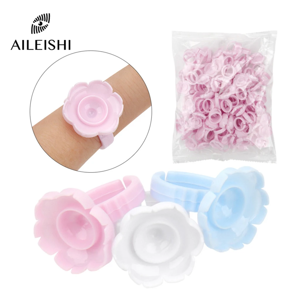 100Pcs Disposable Glue Flower Rings Eyelashes Glue Cups Blossom Volume Lash Glue Plastic Holder Tattoo Pigment Container Rings