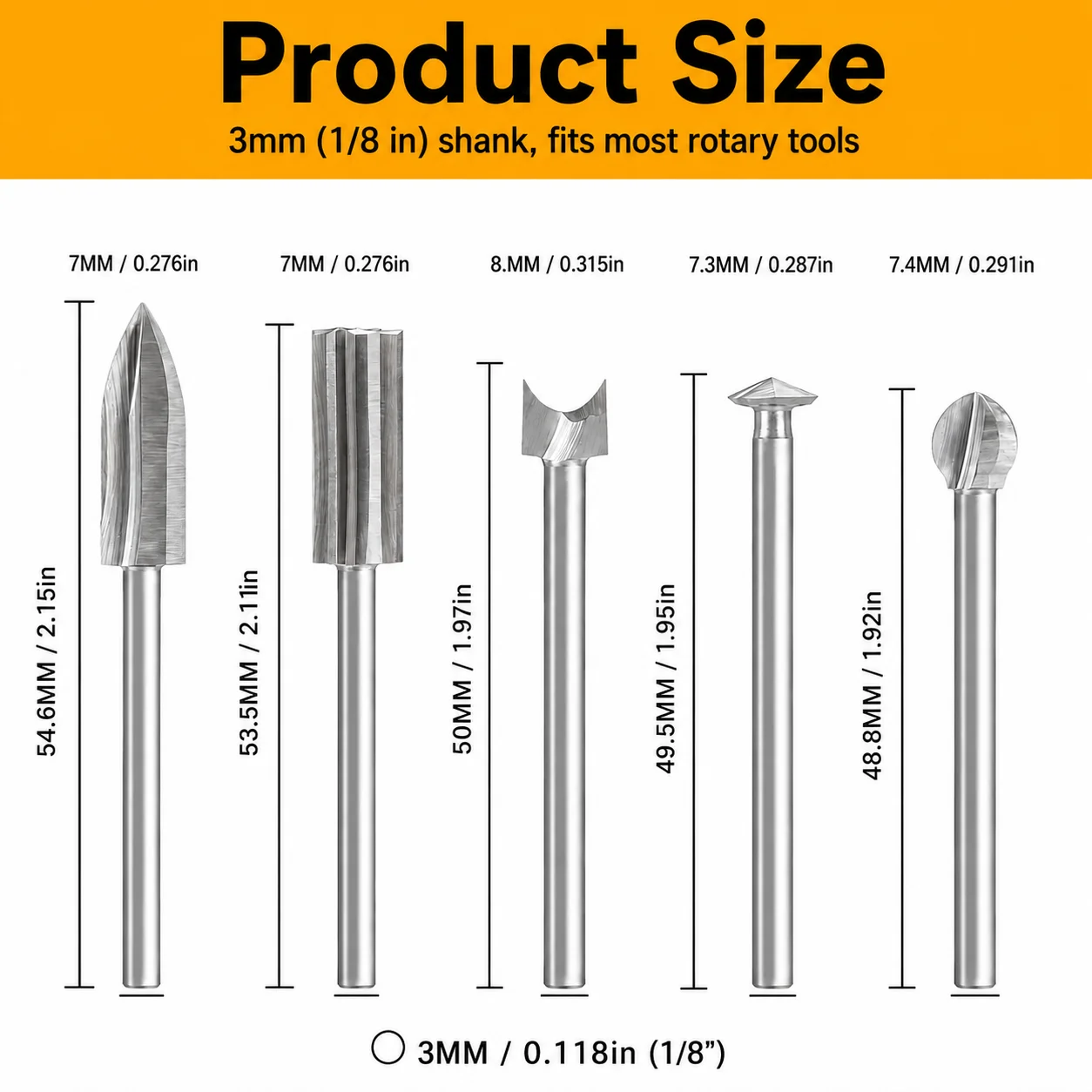 5PCS Wood Carving Rotary Burr Bit Set, 1/8 Inch Shank Cutter Bits for Woodworking, Engraving, Grooving and Shaping