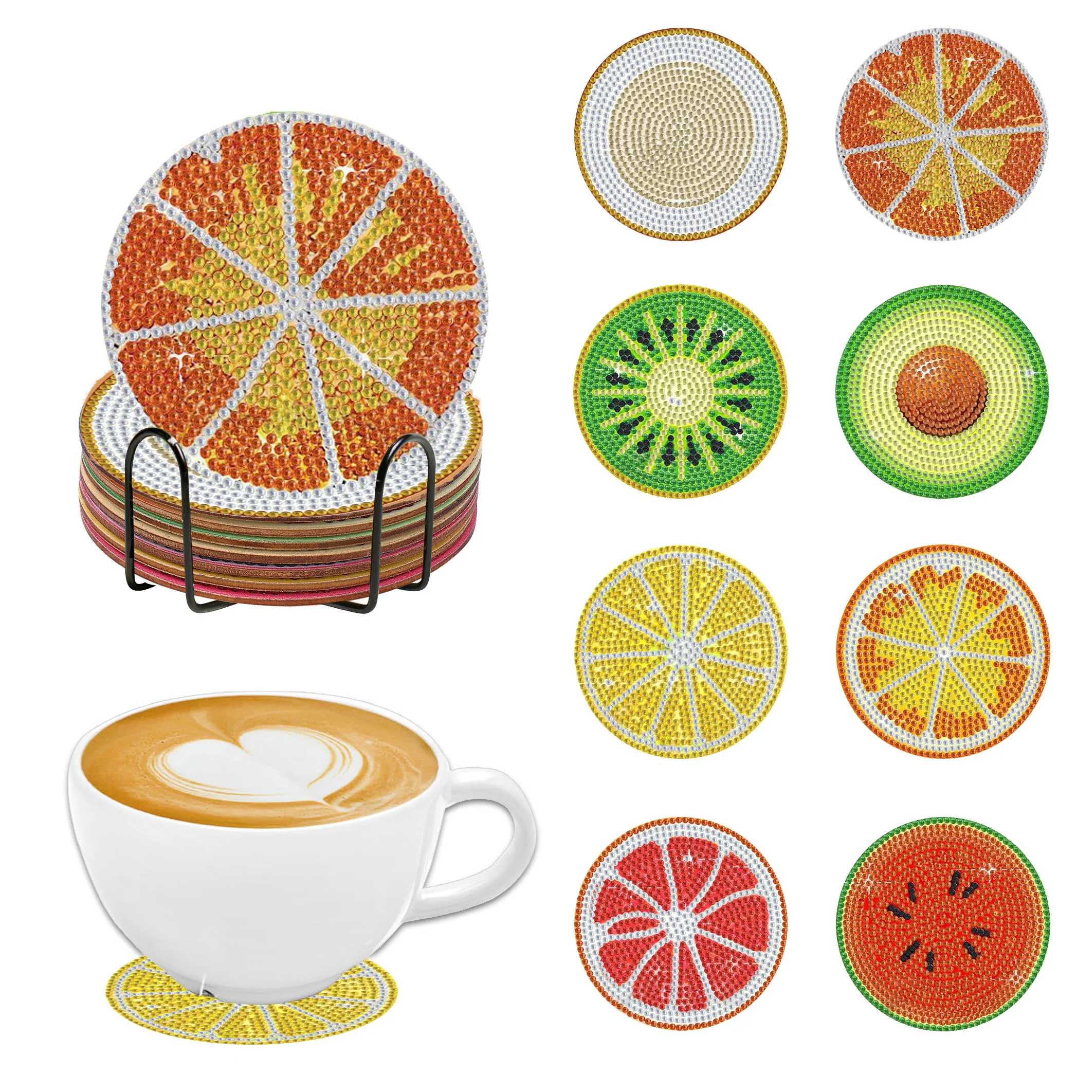 8-teilige DIY-Untersetzer und Getränkehalter aus Obst-Diamantkunst, Holzuntersetzer für Wohnzimmer, Büros, Bars und Restaurants