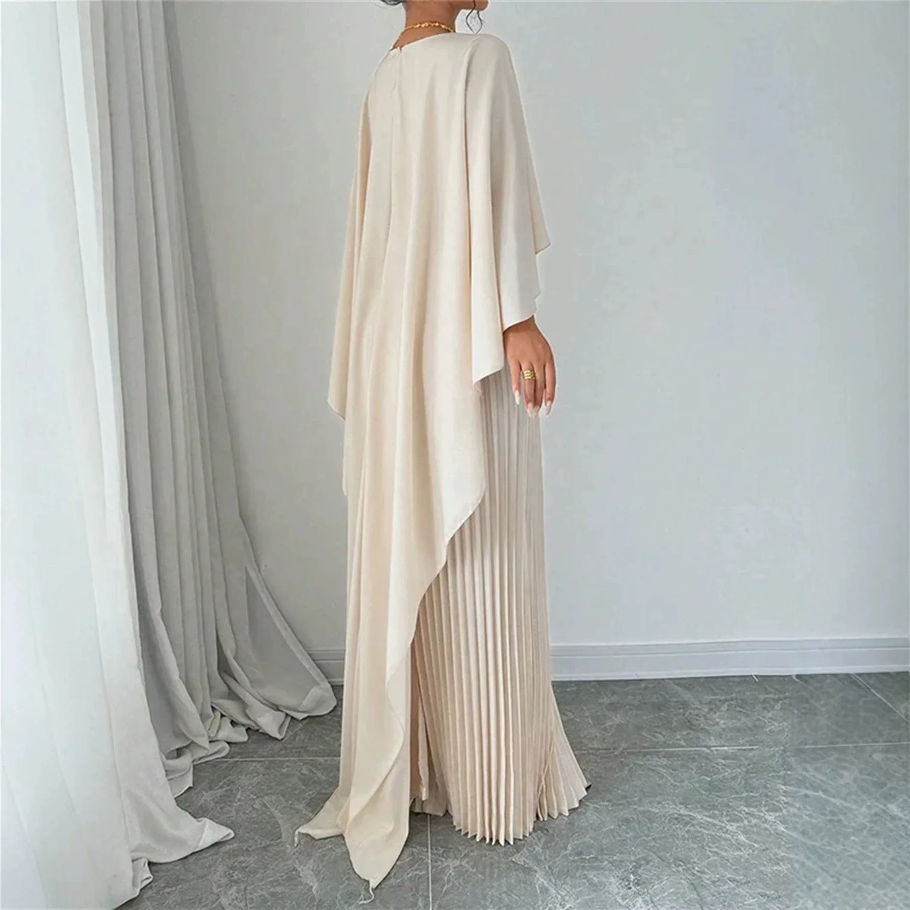 Elegant Cape Sleeve Pleated Maxi Dress for Women, O-Neck Solid Color Loose Flowy Long Dress for Party Wedding