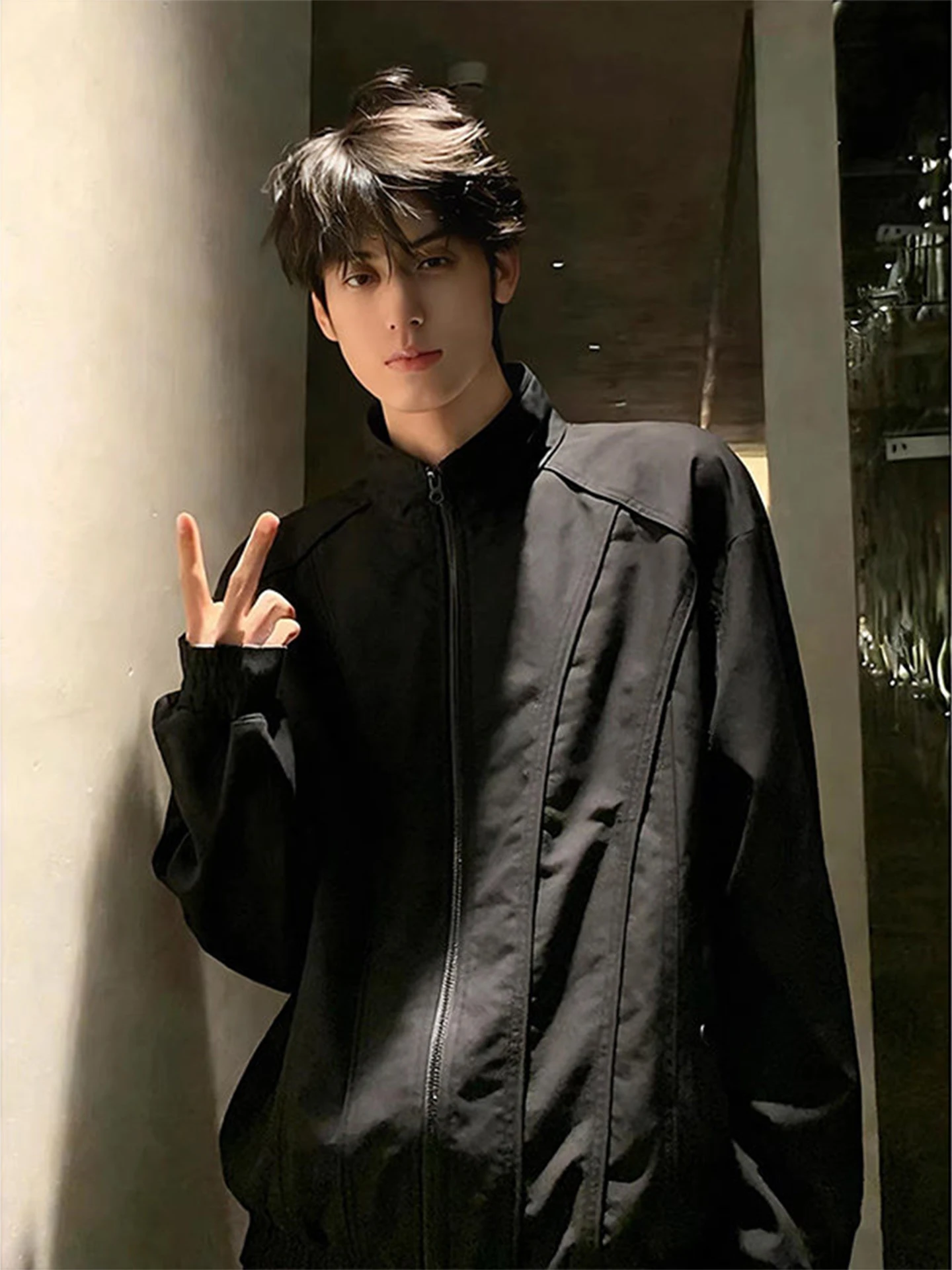 Black Deconstructed Patchwork Men's Spring Autumn Flight Jacket American Style Three-Proof Fleece Outerwear Casual  Style
