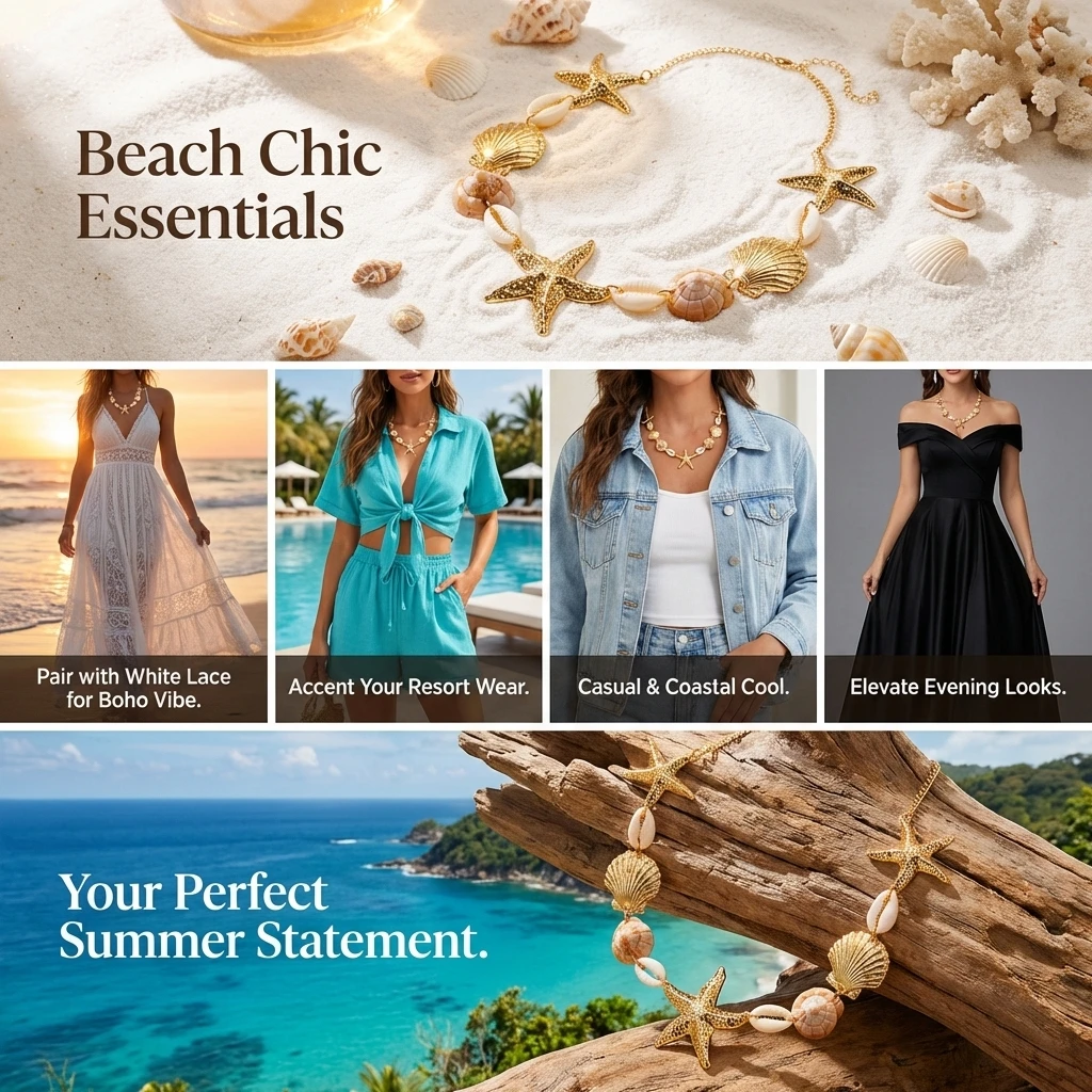 Neues Design Metall-Sternenfisch-Muschel-Kettenhalskette für Frauen Boho Conch- und Jakobsmuschel-Halskette Sommer Strand Urlaub Schmuck – Detail 4