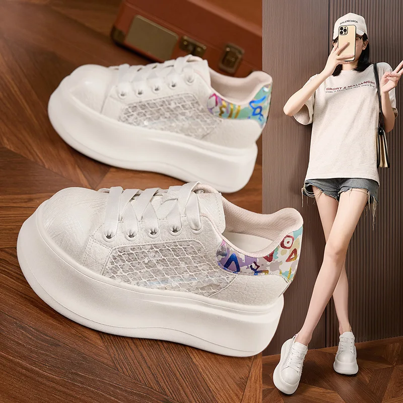 Thick-soled White Shoes for Women Summer New Sneakers Hollow Mesh Breathable Shoes Versatile Inner Height Increasing Women Shoes view 4