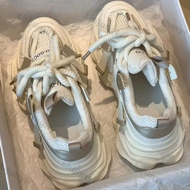 Women Chunky Platform Sneakers 2025 Spring New Thick Soles Comfort Thick Bottom Shoes Ladies Thick Soles Lace Up Casual Shoes