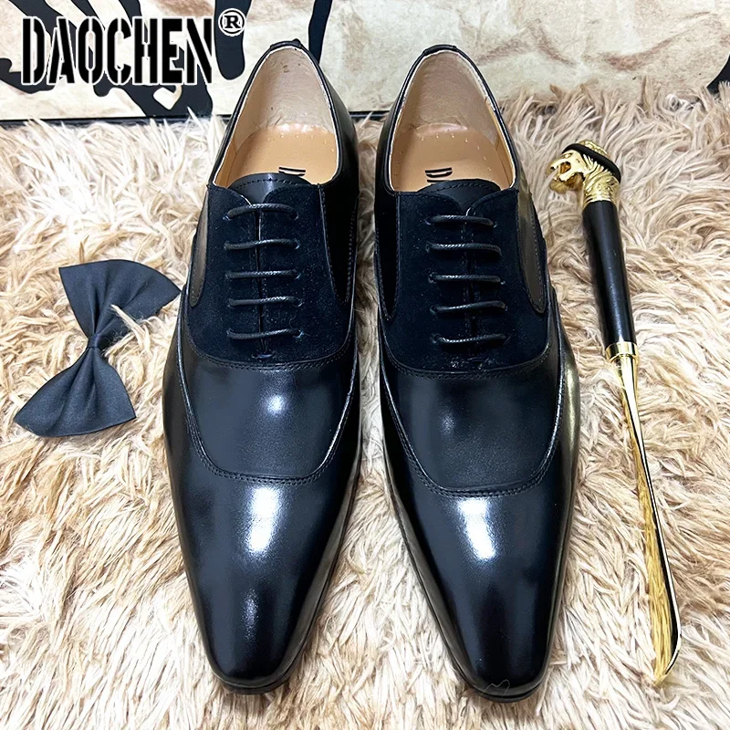 Luxury Brand Men Oxford Shoes Blue Black Mens Dress Shoes Lace Up Pointed Suede Patchwork Genuine Leather Shoes For Men