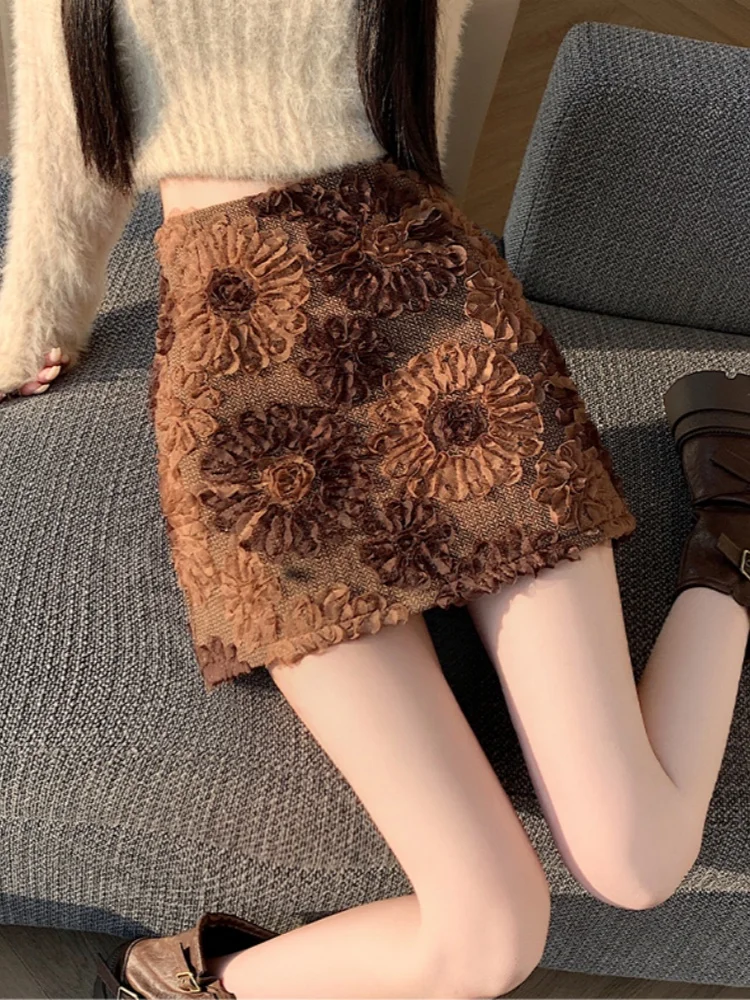 Faldas elegantes Vintage para mujer, ropa de cintura alta, faldas acampanadas, novedad de Otoño Invierno 2021, Falda corta de flores 3D, ropa de calle