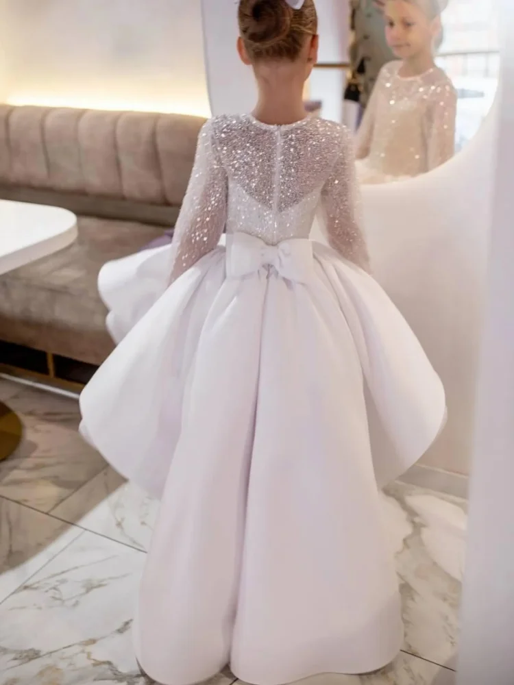 Custom Flower Girl Dress,Long Sleeve All Over Sequin Tulle Bodice Large Back Bow High Low Front Short Back Long Train Satin