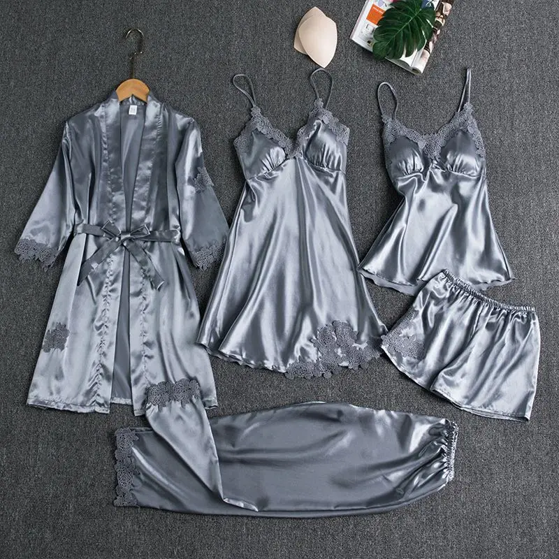 5pcs Women's sexy fashion Silk Nightgown Satin Pajamas Bathrobe A V-neck Cami Family Nightgown Spring summer nightgown