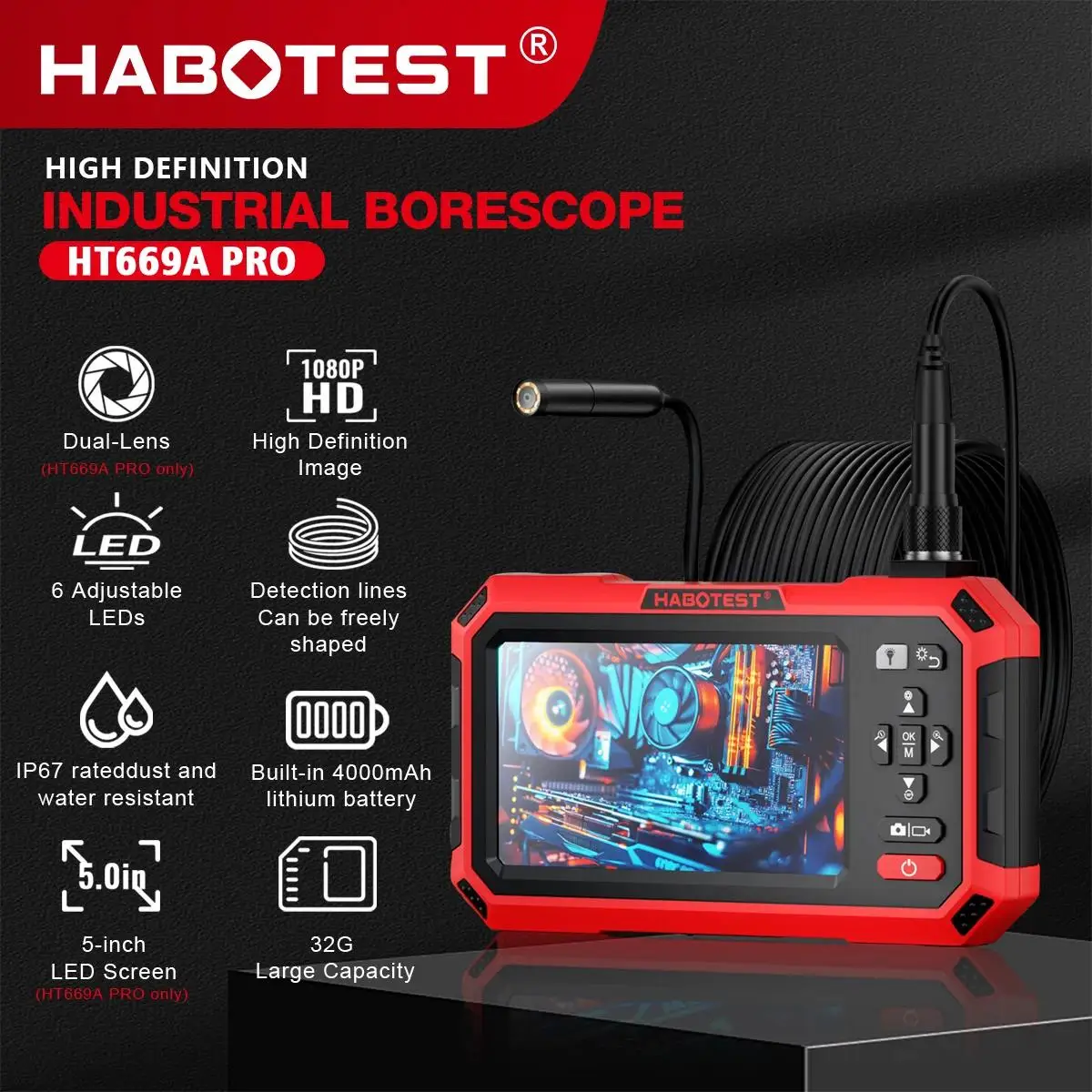 HABOTEST HT669A PRO 5-Inch Dual-Lens Endoscope 8MM Automotive Mechanical Sewer Pipe Inspection Camera Video Industrial Endoscope
