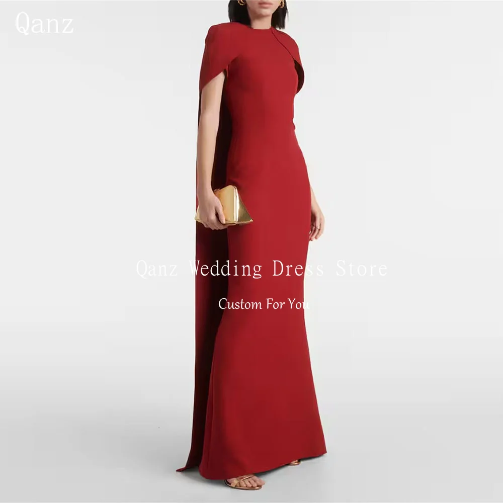

Qanz Burgundy O Neck Mermaid Causal Prom Dresses Satin Cape Sleeves Formal Event Evening Party Gowns Robes De Soirée Customized