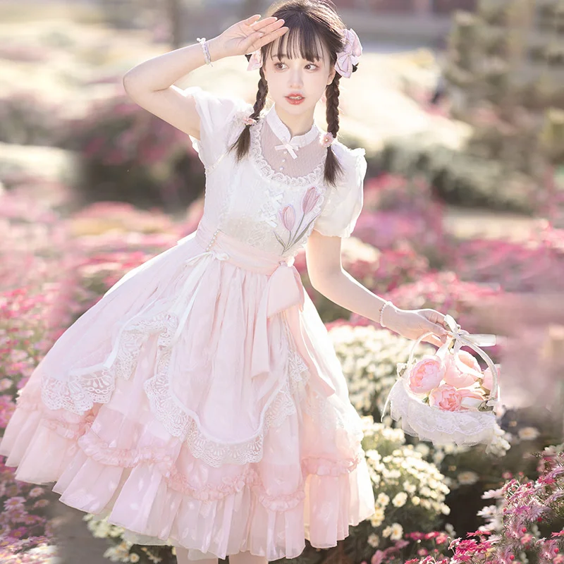 

Flower And Poem Lolita OP Dress Pink Lace Tulip Embroidery Dress Woman Short Sleeve Puffy Dress Tea Party Princess Dress