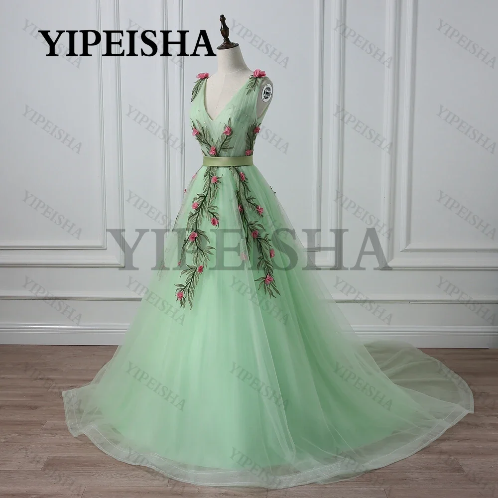 

Exquisite V-Neck A-Line Prom Gown 3D Flowers Ruched Sweep Train Evening Dresses Sleeveless Long Party Dress robes de soirée