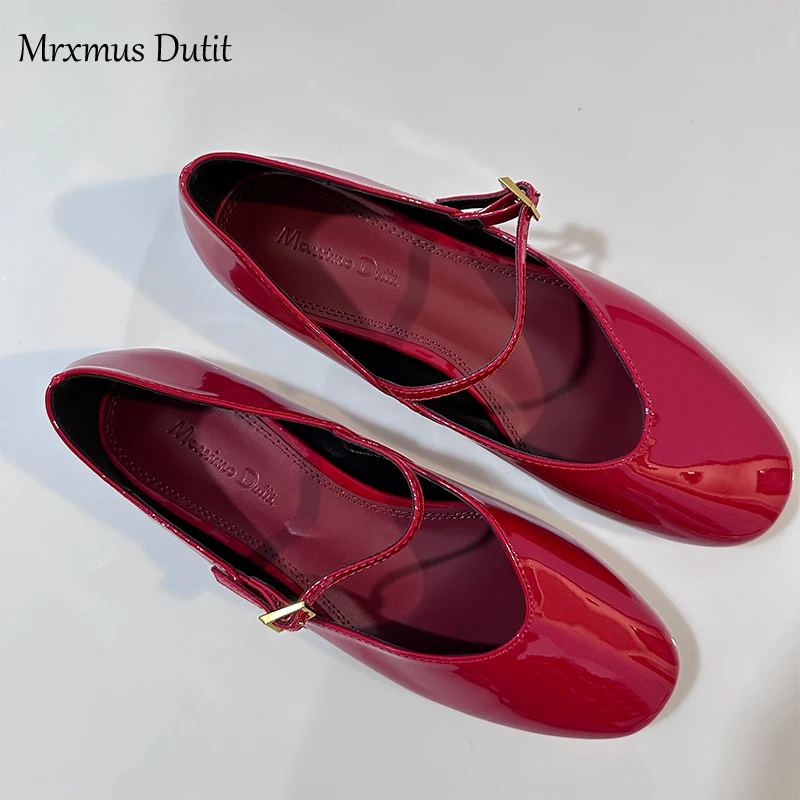 Mrxmus Dutit 2024Summer New Simplicity Fashion Red Patent Leather Mary Jane Flat Shoes Buckle Round Toe Flat Bottom Ballet Shoes