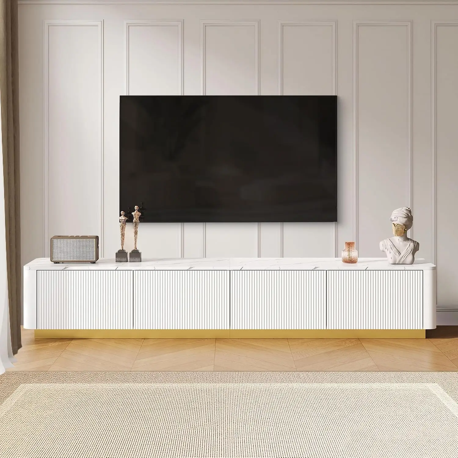 Luxury TV Stand Faux Marble Table Top Modern Fluted Console Storage 85 Inch White Entertainment Center Gold Base, Customized