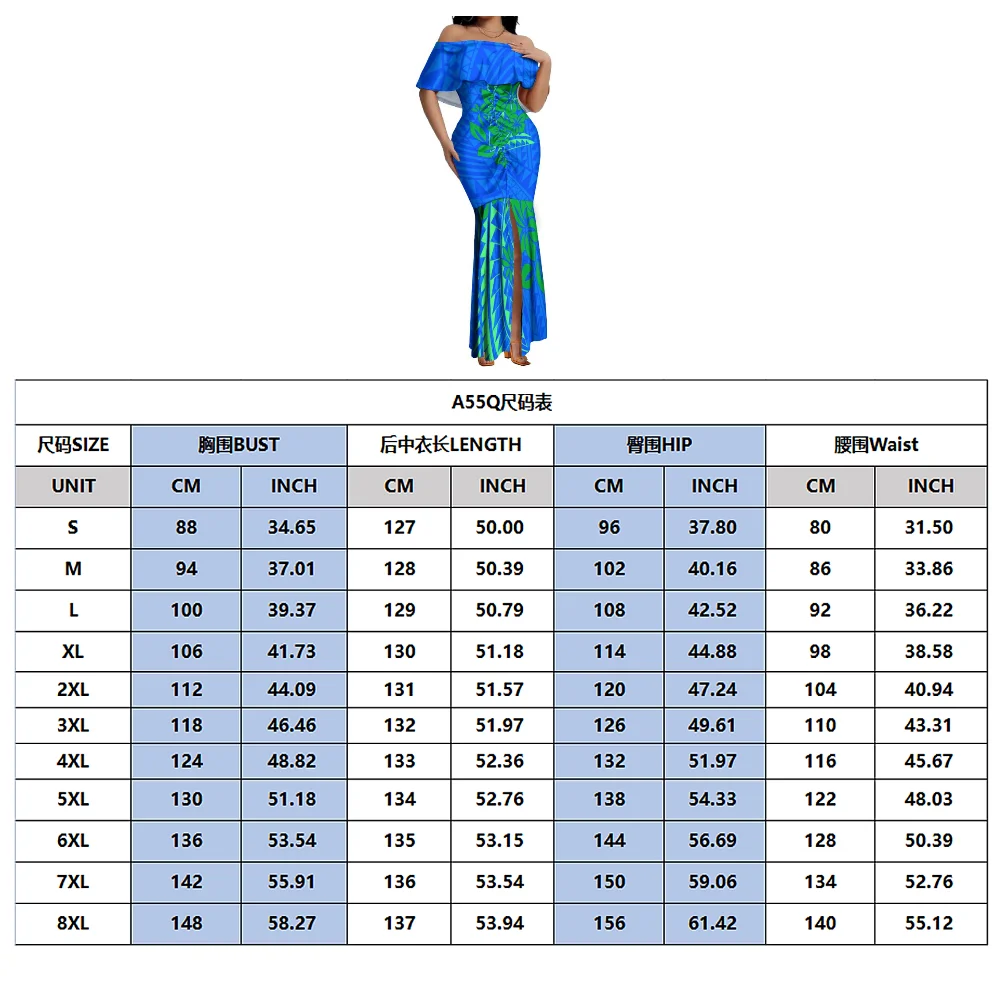 우아한 원숄더 피쉬테일 드레스 (여성용) 폴리네시안 아일랜드 커플 세트 & 남성용 포켓 셔츠 사모아 플로럴 프린트