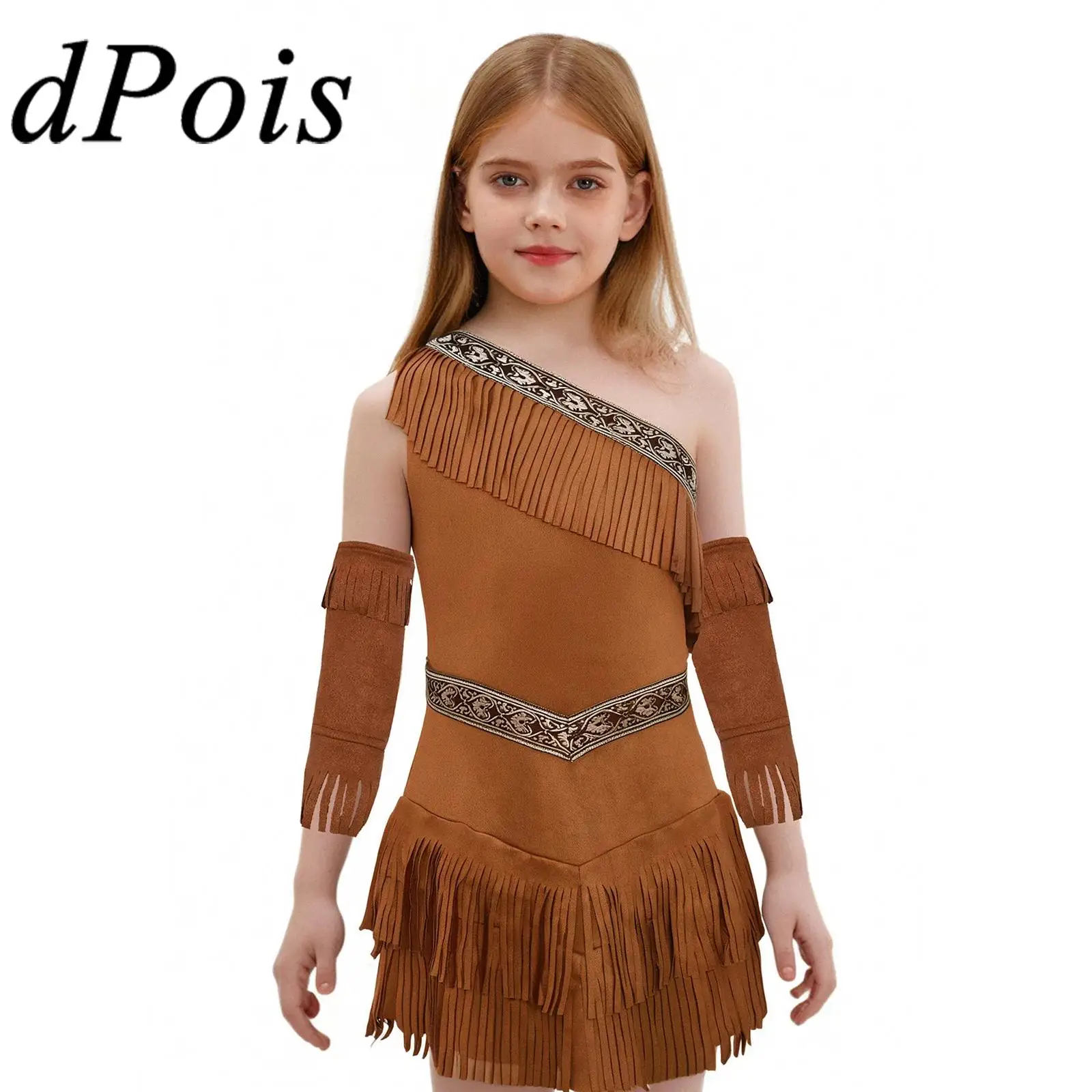 

Kids Girls Native American Princess Cosplay Outfit Fringe Suede Dress with Tassel Sleeves Halloween Fancy Dress Ball Costume