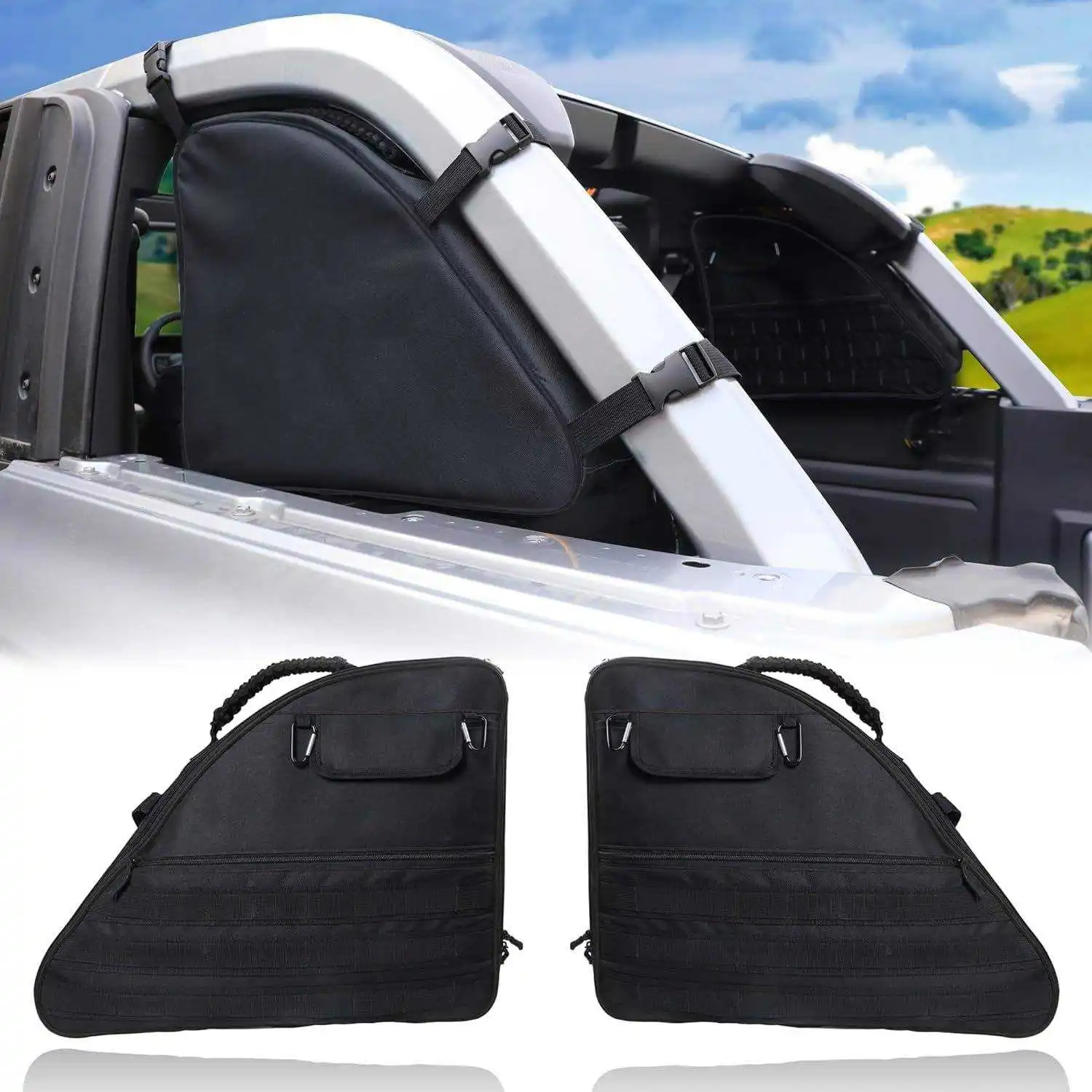 Large capacity foldable multi-pocket car organizer for car interior accessories and luggage compartments.
