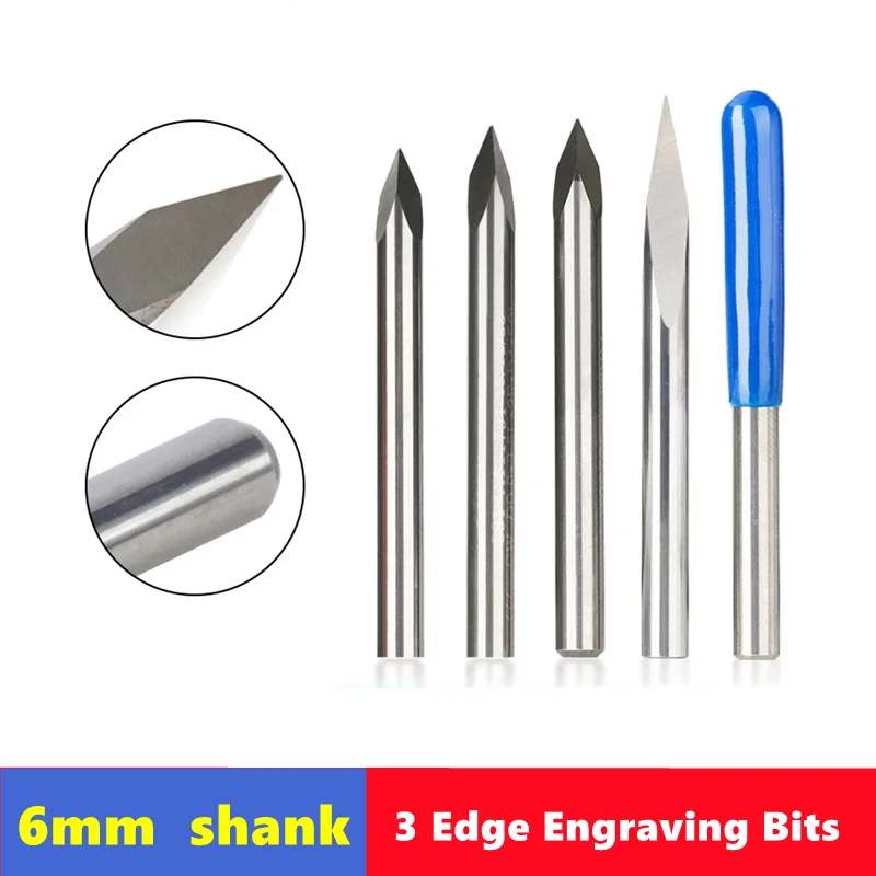 10pcs CNC Router Bit 3 Edge Pyramid Engraving Bits 6mm Shank Carbide End Mill 20,30,40,45,60,90 Degrees CNC Router Milling Tool