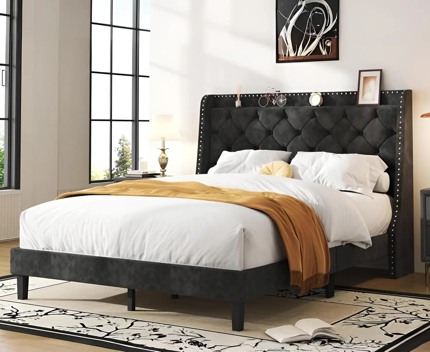 Queen Bed Frame Tufted Velvet Wingback Storage Headboard Wood Slats Easy Assembly No Box Spring Black, Customized