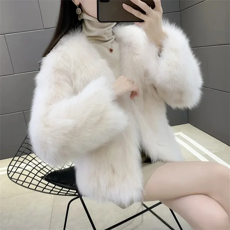 Ladies Long Sleeves Imitation Fox Fur Jacket 2024 Female Faux Fur Tops Coat Autumn Winter Women Fashion Short Plush Overcoat