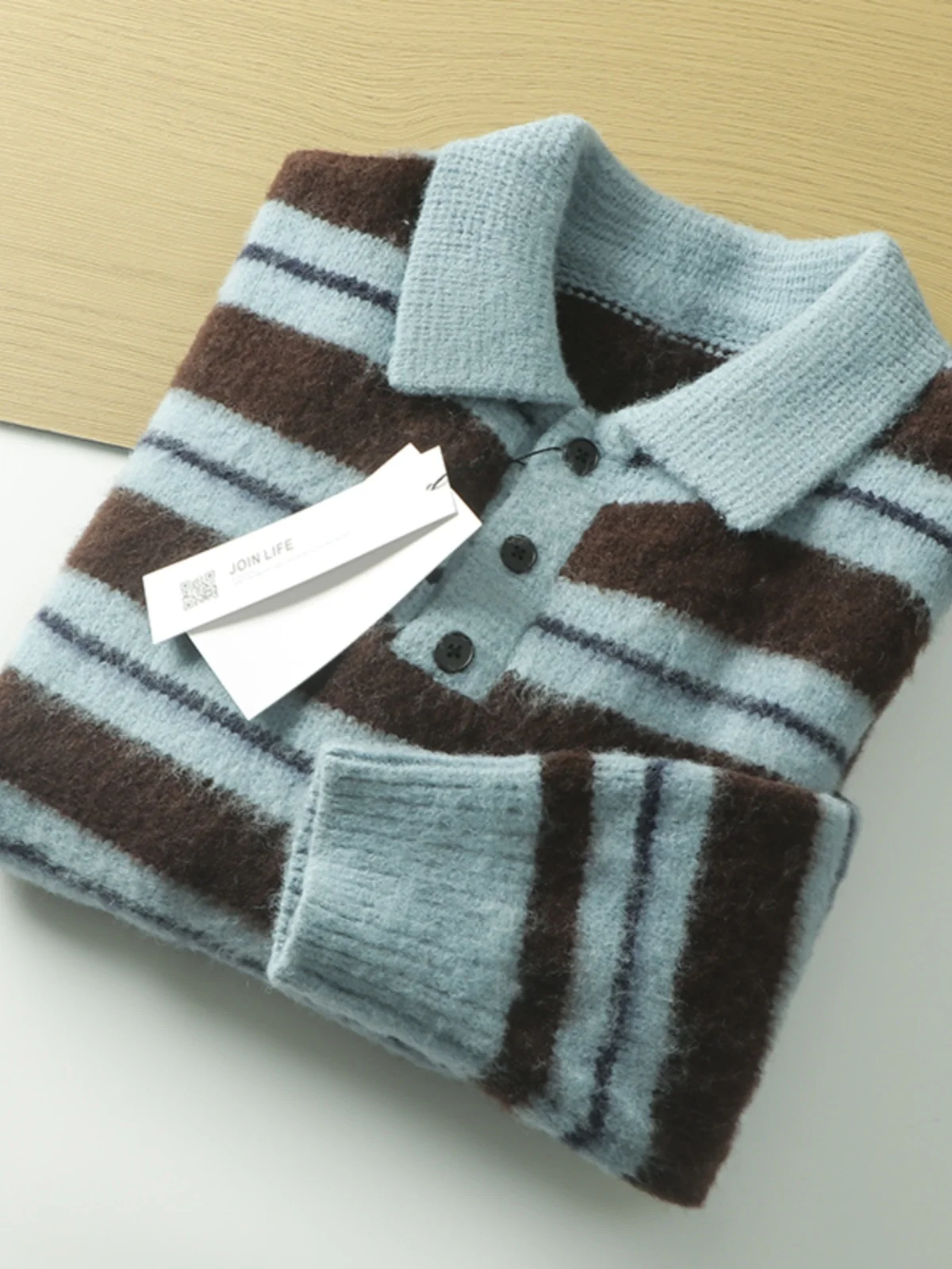

Loose Fit Men's Knitted Stripe Sweater Faion Urban Sle Turn-down Collar Long Sve Winter Top Trendy Streetwear