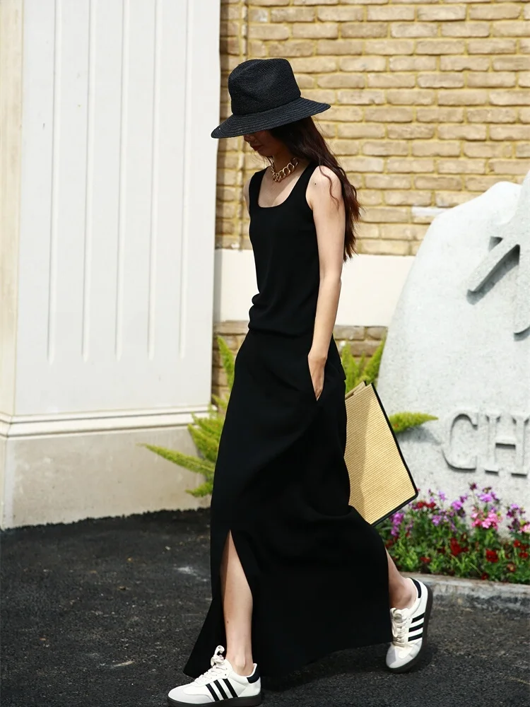 

FANNIU Spring Summer Pure Color Versatile Square Collar Slim Fit Knitted Silk Vest Women's Faion Casual Wear Straight Hem