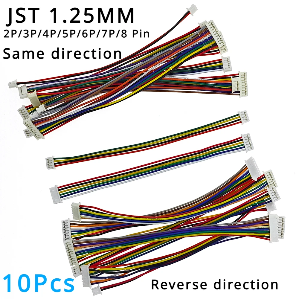 

10Pcs JST 1.25MM 2P/3P/4P/5P/6P/7P/8 Pin Same / Reverse Direction Double Connector with Wire 100MM ribbon cable 28AWG JST1.25