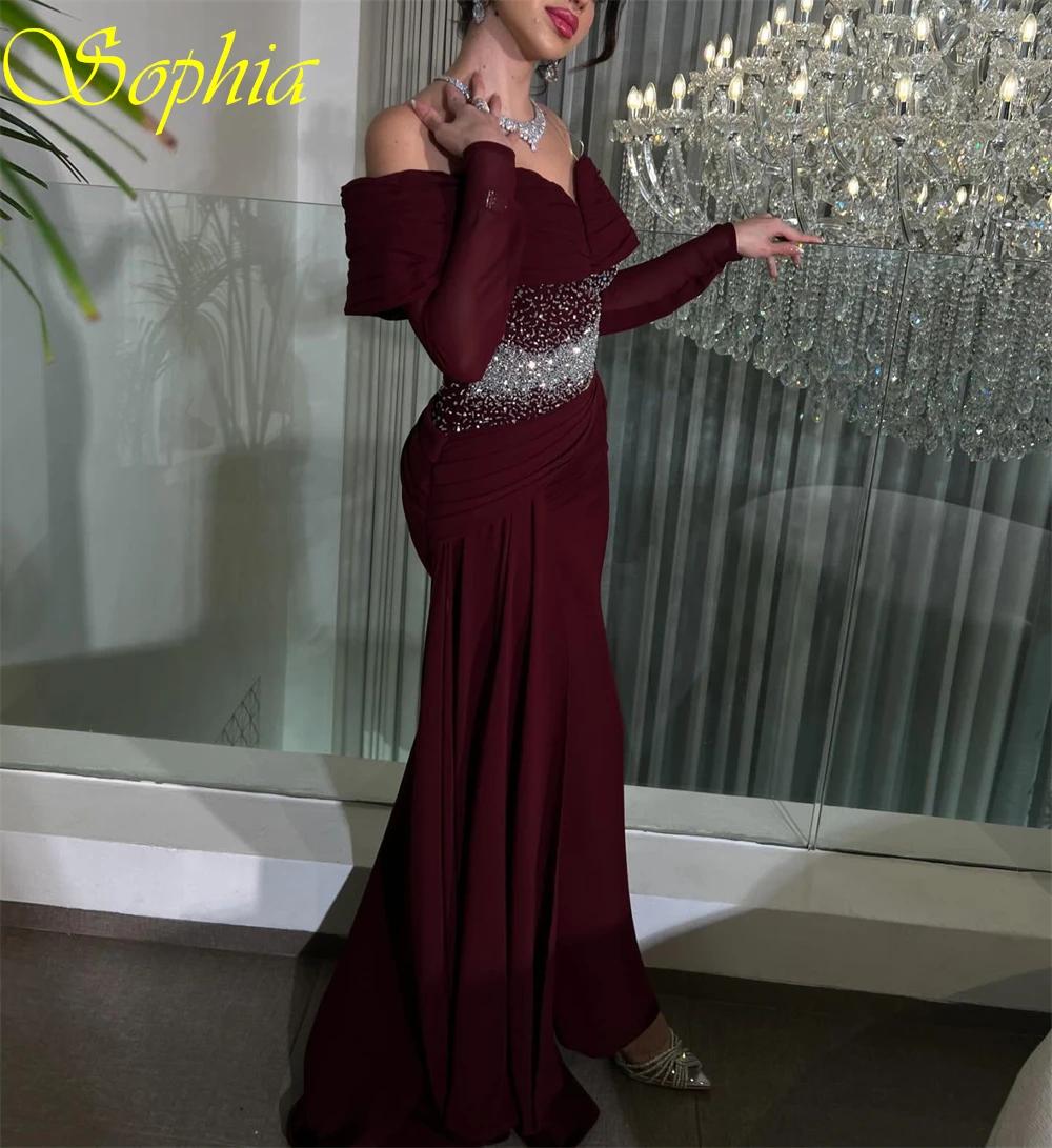 فستان سهرة أنيق من الجيرسيه الأحمر مخصص برقبة قارب وأكمام طويلة فساتين حفلات رقيقة حورية البحر كريستال فساتين المشاهير