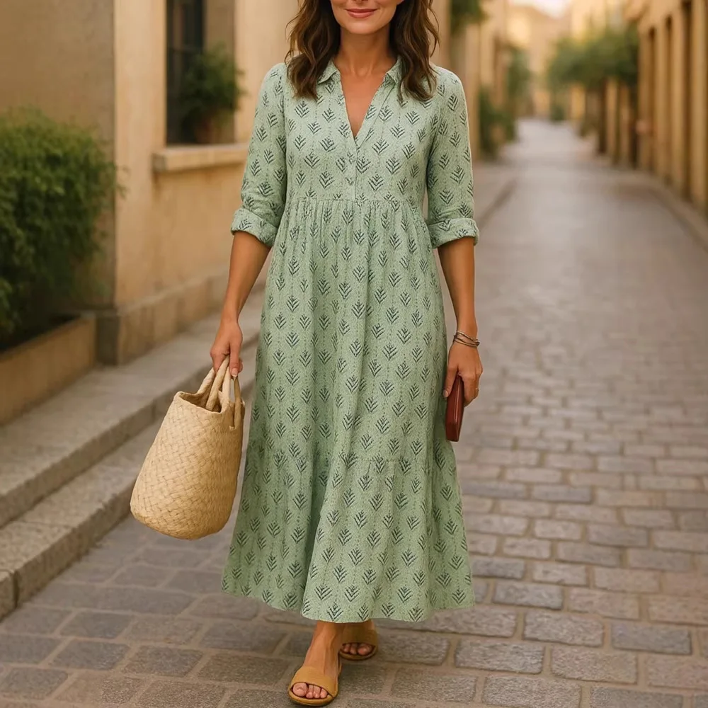 

2026 new women's casual long sleeved lapel long print women's shirt dress