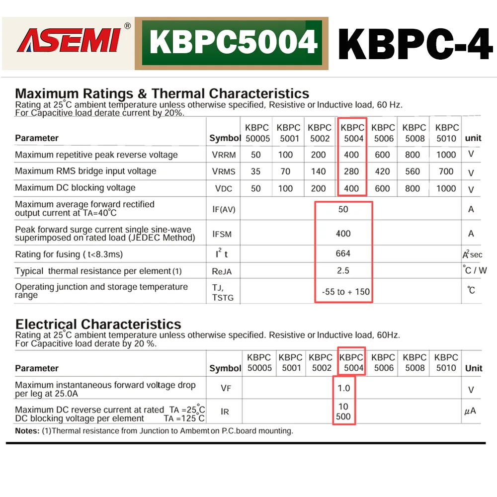 KBPC5004 Brückengleichrichterdiode 50A 400V ASEMI – Detail 5
