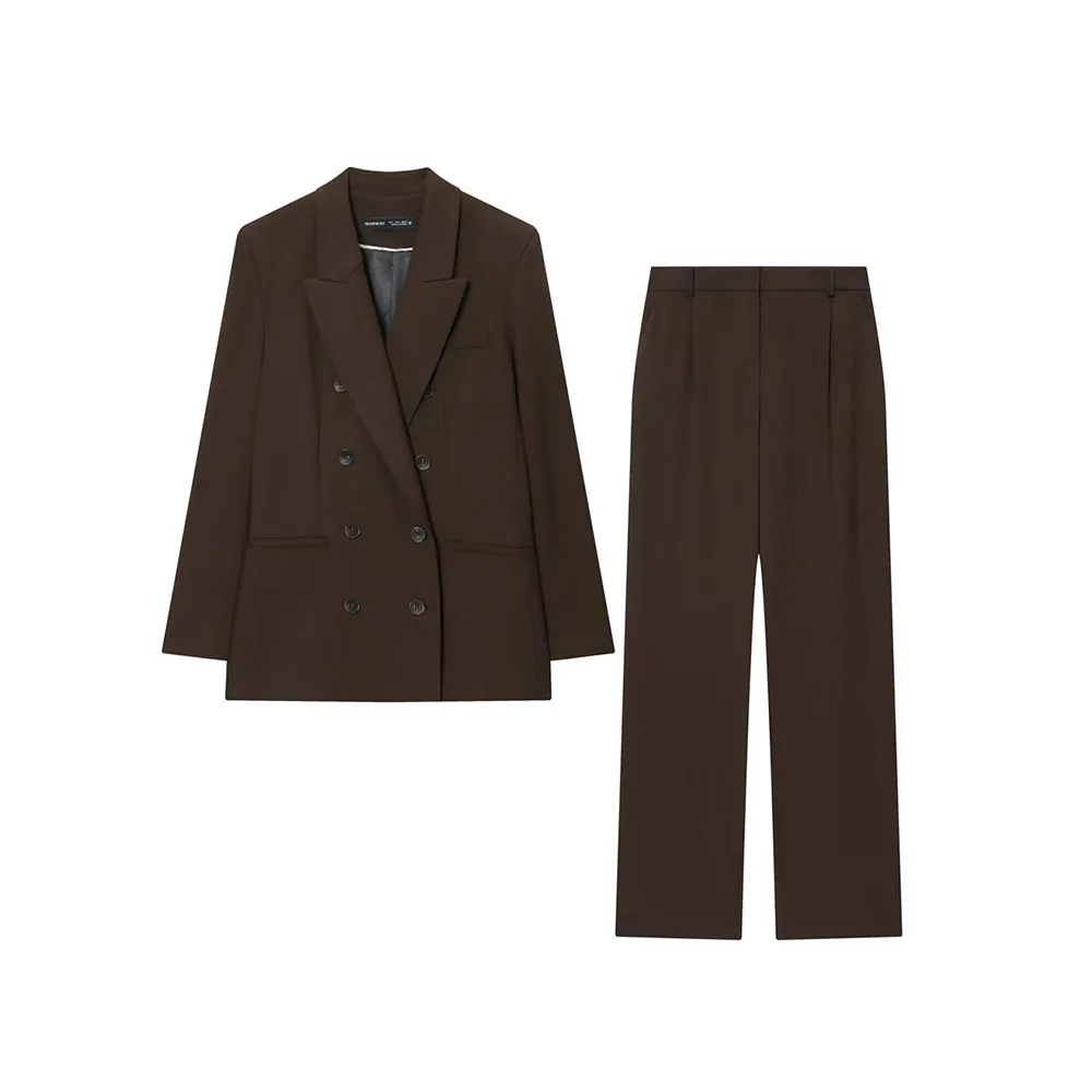 

Осенняя новая женская одежда с подплечниками, двубортный пиджак и плиссированные прямые брюки