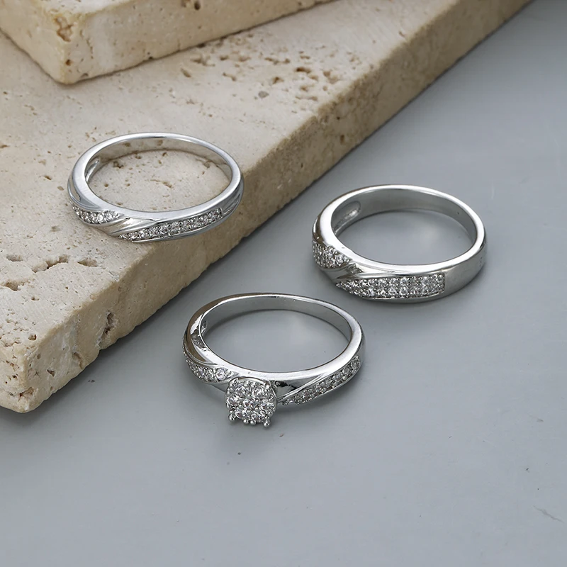 3PCS Couple Ring Set Round Cluster Cubic Synthetic Zirconia Twisted Band Engagement Ring Men's and Women's Wedding Ring Jewelry