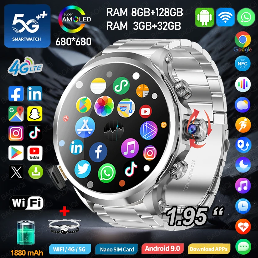

4G Full Network Smart Watch Men 680*680 HD AMOLED 1.95 inch Screen 8GB+128GB RAM 800W Video Call Google Play WIFI GPS Smartwatch