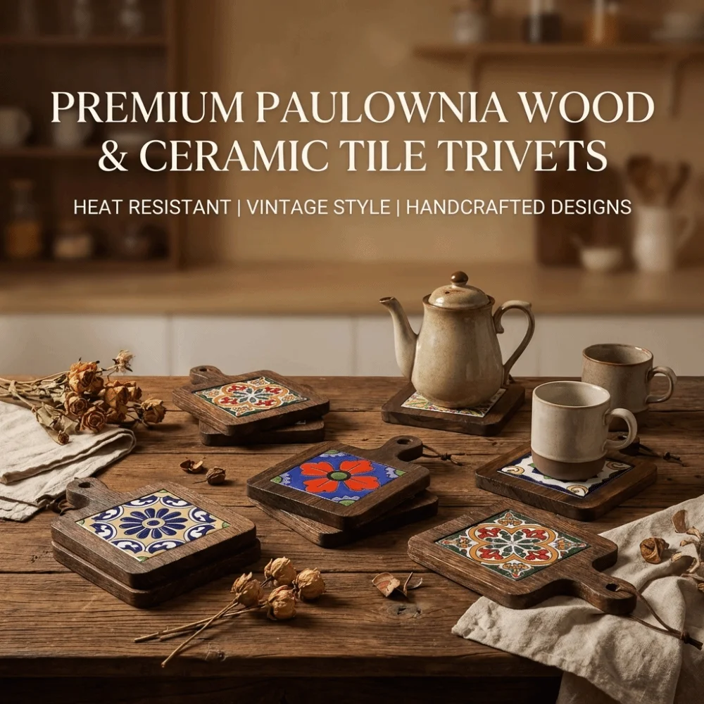 Japanese Style Solid Wood Coaster Square Heat Resistant Coffee Cup Mat Retro Placemat Wooden Flower Tile Coaster Coffee Break