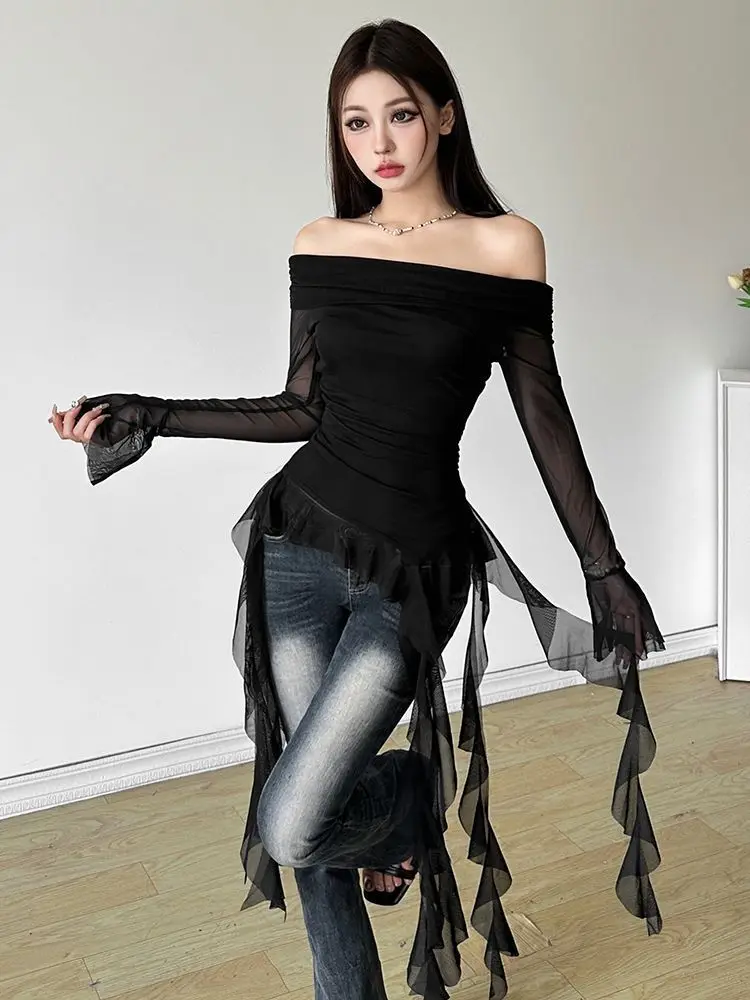 T-shirt en gaze pour femmes, Sexy, col Slash, épaules dénudées, esthétique, à volants irréguliers, Slim Fit, Grunge, Harajuku, Vintage, fée, Y2k