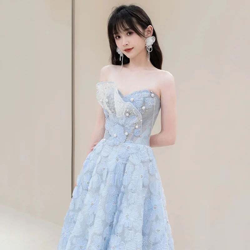 

Blue Light Luxury Tube Top Evening Dress 2026 Spring New Niche Fashion Trend Catwalk Host Formal Dress