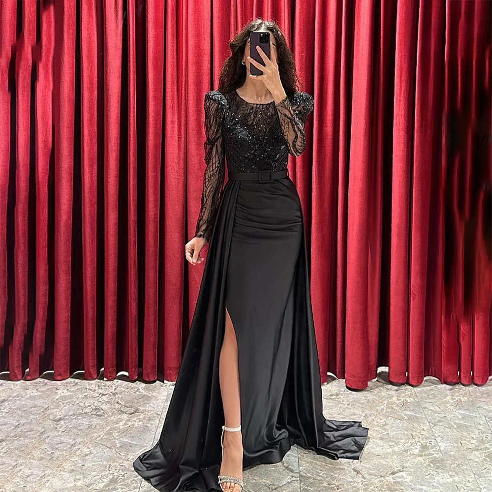 Verngo Long Sleeves Sequined Party Gown Side Slit Sexy Dresses For Women Belt Draped Train O-neck Saudi Arabia Evening Dresses