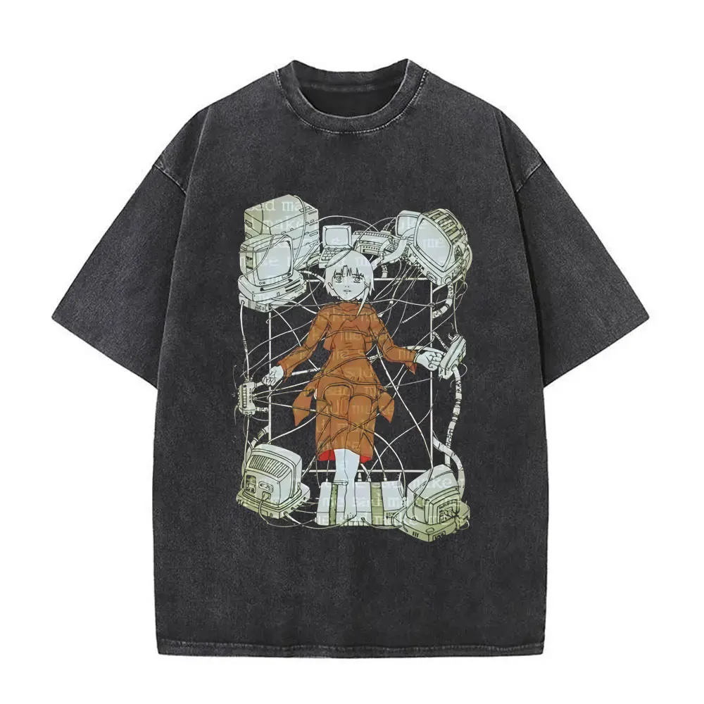 

Anime Serial Experiments Lain Vintage Washed T Shirt Manga Girl Sci Fi Y2k T-shirt Men Women Cosplay Casual Pure Cotton T-shirts