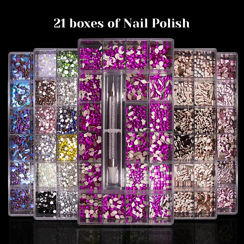 

Nail Art Rhinestones Kit Acrylic Boxed 21 Grids Mixed Size Set 1pc Pick Up Pen Large Crystal Decorations 3D AB Flat Gem 2021 New