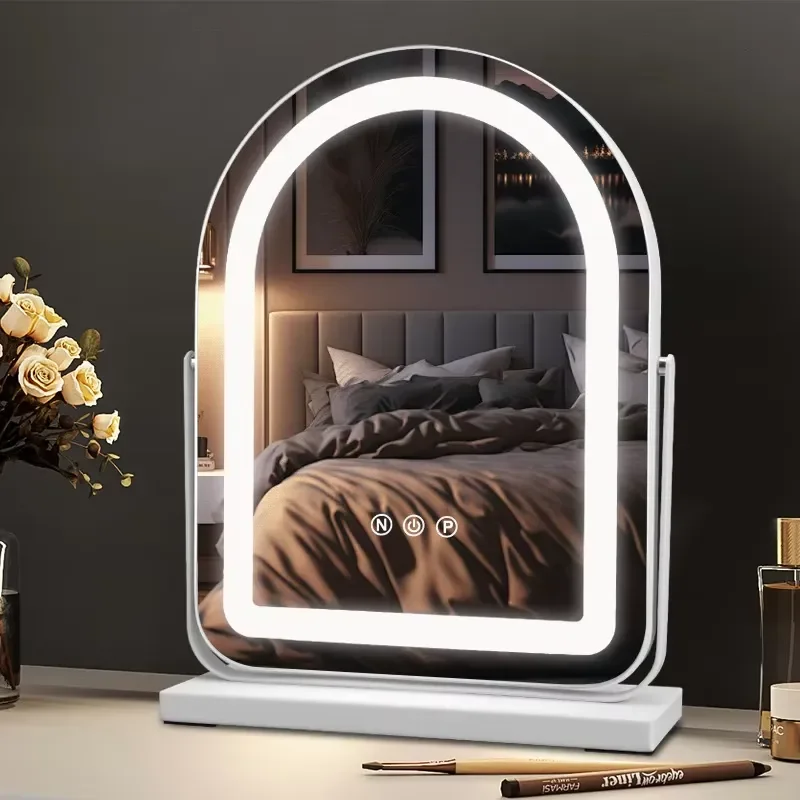 Modern LED Vanity Mirror Touch Control Rotating Desktop Makeup Mirror High Definition Curved Intelligent Light for Bedroom