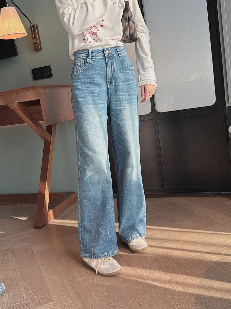

Ele High Waist Straight Leg Jeans Casual Cotton Denim ket Design Embroidery Splaed Ink Slimming Effect for Women
