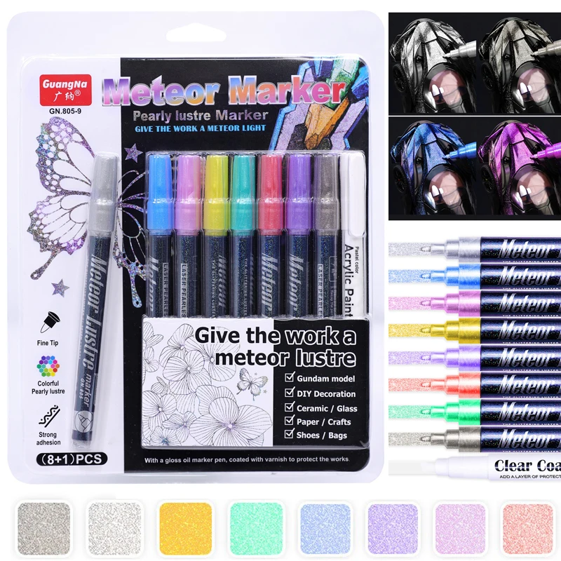 9Pcs Meteor Marker Pearlescent Metallic Paint Marker Pen Set Fine Tip Acrylic Pens for Model DIY Glass Shoe Fabric Art Drawing