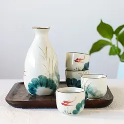 Ceramic Sake Set Goldfish Lotus Design Wine Cup Korean Soju Glasses Porcelain Saki Pot Cup (1 Pot + 4 Cups) Dishwasher Safe